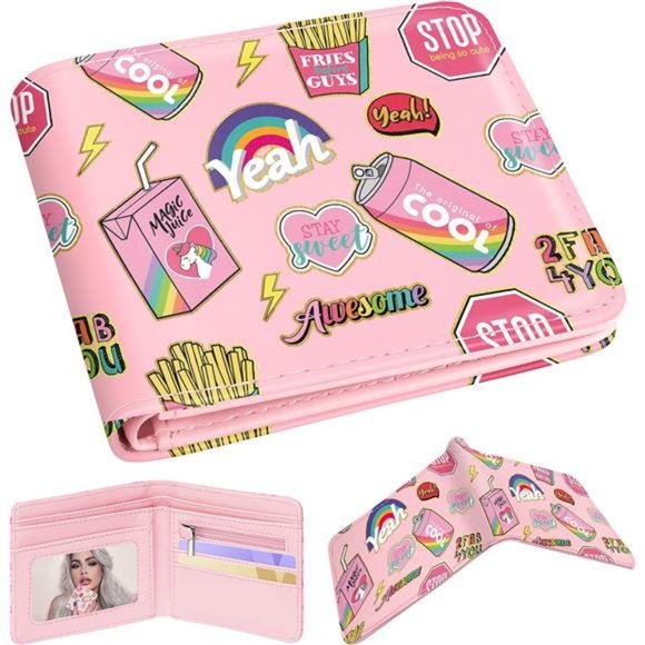Cute Wallet for Teen Boys Great Wave Leather Bifold b-Rainbow